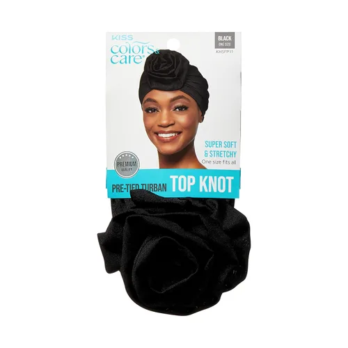 KISS COLORS & CARE Turbante preatado con nudo superior, negro, elegante, elástico y suave para dormir, máxima protección del cabello, minimiza la