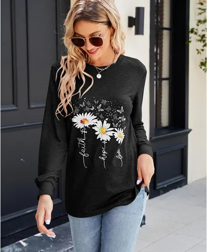 Miniatura 3 de Camiseta casual de manga larga para mujer, divertida, con estampado de girasol, abertura lateral, ajuste holgado
