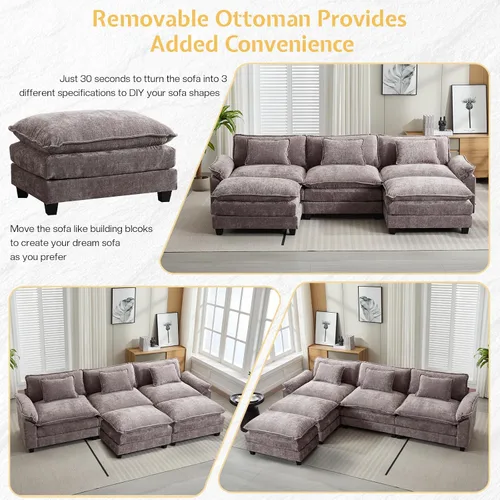 Miniatura 3 de Sofá Seccional, Sofá Modular Cloud con Otomana, Sofás Cama de Asiento Profundo con Almohadas Decorativas, Cómodo Sofá de Dos Plazas de Chenilla