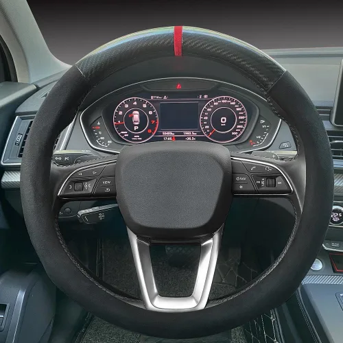 Miniatura 9 de Carodi Funda de gamuza para volante, de cuero antideslizante, ajuste interior de automóvil de 15 pulgadas, universal Negro (etiqueta azul)