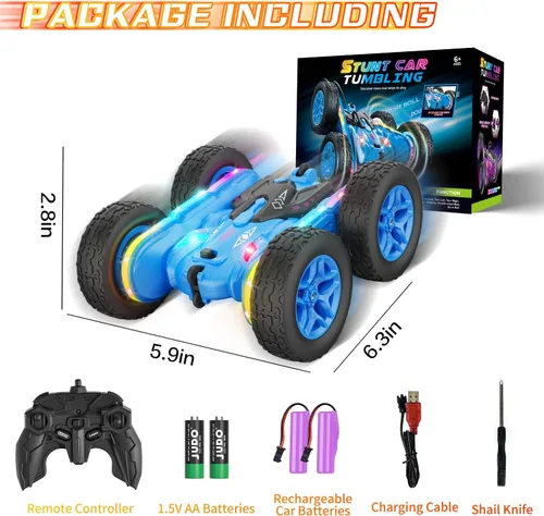 Miniatura 6 de Terucle Auto a control remoto, juguetes de acrobacias de autos a control remoto, tira de luces y faros mejorados, juguetes de doble cara giratoria