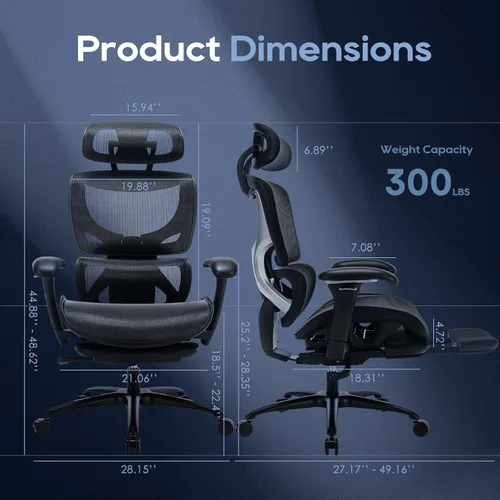 Miniatura 3 de COLAMY Silla de oficina ergonómica de malla con reposapiés, silla ejecutiva de escritorio de computadora con respaldo alto y reposacabezas anchos