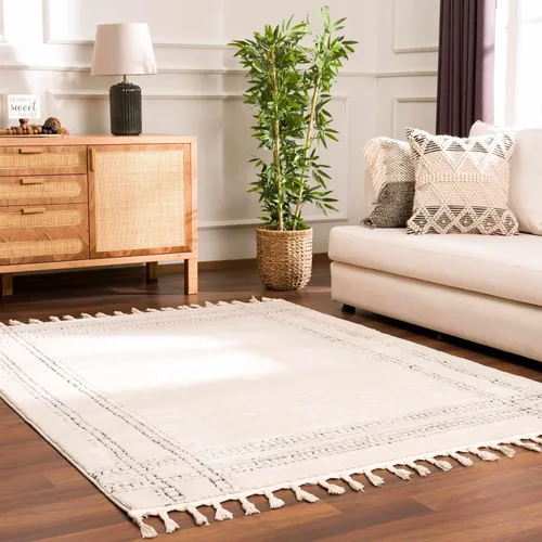 Hauteloom Nietzsche - Alfombra para sala de estar, dormitorio, borde geométrico a cuadros, contemporánea, moderna, minimalista, estilo bohemio, de