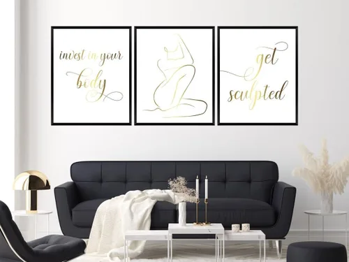 Miniatura 3 de NATVVA 3 piezas de impresiones artísticas de pared con texto en inglés "Invest In Your Body Get Sculpted", pósteres dorados para esculpir el cuerpo