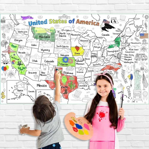 Miniatura 3 de PartyGarden US Map - Póster para colorear para niños, 54 x 33 pulgadas, diseño de mapa gigante de Estados Unidos para colorear, mantel grande