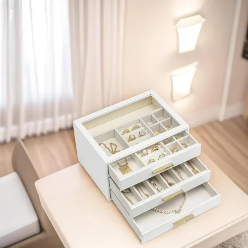 Miniatura 7 de Vlando - Joyero con 3 cajones y tapa de vidrio, organizador de cuero sintético para anillos, aretes, collares y más, estuche de joyería listo