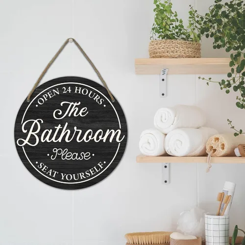 Miniatura 4 de Divertidos letreros decorativos para baño, con texto en inglés «Bathroom Open 24 Hours Please Seat Yourself», letrero colgante de madera rústica