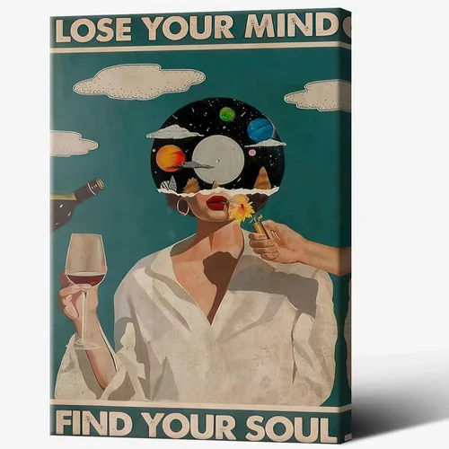 Póster retro con texto en inglés «Lose Your Mind Find Your Soul», arte de pared inspirador para la salud mental, arte abstracto de música cósmica
