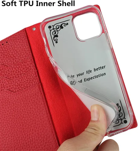 Miniatura 9 de iCoverCase Compatible con iPhone 13 Pro Max, funda magnética de piel auténtica con bloqueo RFID, correa para la muñeca y ranuras para tarjetas, Rojo