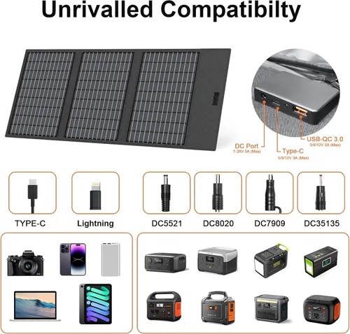 Miniatura 3 de Cargador de panel solar portátil de 45 W con USB-C, USB-A y salidas DC de 18 V, paneles solares plegables impermeables IP67 con un soporte
