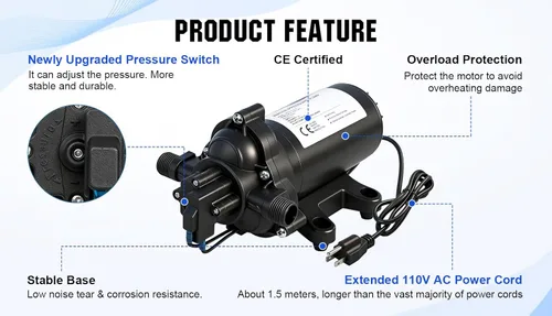 Miniatura 6 de ECO-WORTHY - Bomba de presión de diafragma de agua de la serie 33, industrial, 110V AC, flujo de 4.0 GPM, presión nominal de 50 PSI, bomba