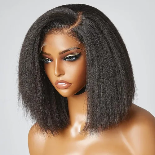 Luvme Hair - Peluca Bob de encaje frontal con bordes rizados 4C, 10 pulgadas, cabello humano lacio tipo afro, sin pegamento, con separación profunda