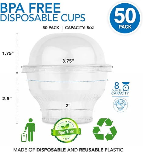 Miniatura 2 de Vasos de postre de plástico transparente con tapas de 8 onzas (juego de 50) taza de parfait desechable pequeña, tapa de cúpula, sin agujero