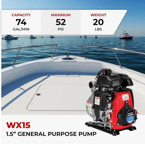 Miniatura 2 de Honda WX15 Bomba de agua de uso general de 1.5 pulgadas a gas para drenaje de piscinas, jardines, barcos y más, capacidad de 74 galones por minuto
