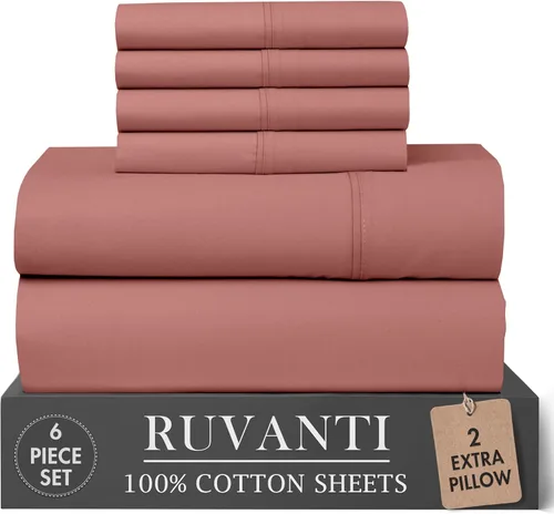 Miniatura 55 de RUVANTI 6 Piezas Sábanas de Algodón - 100% Algodón Natural Suave, Ligeras y Transpirables Sábanas de Percal Crujiente, Sábanas de Cama Tamaño Full