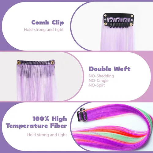 Miniatura 4 de 12 extensiones de cabello con pinza de colores de 20 pulgadas arcoíris largas y lacias de BEAHOT, piezas de cabello sintético para clip, disfraz