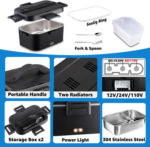 Miniatura 4 de Nifogo 100W Heated Bowl for Car and Truck and Office Electric Lunch Box 3 in 1 Stainless Steel 12 V 24 V and 230 V – Lunch Box 1.5 L x 2 with Grey