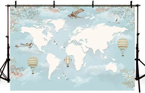 Miniatura 4 de Sendy Fondo de viaje de 7 x 5 pies, decoración de fiesta de baby shower, mapa del mundo alrededor del mundo, aventura espera avión, cumpleaños