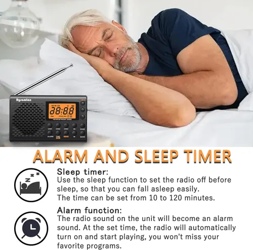 Miniatura 8 de Radio portátil AM/FM/onda corta, radios de bolsillo con pilas, pantalla digital grande, radio reloj con alarma y función de sueño, auriculares