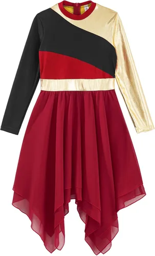 Miniatura 3 de JEATHA Vestido tipo túnica asimétrica de alabanza metálica brillante de manga larga para niños y niñas, disfraz de baile contemporáneo lírico