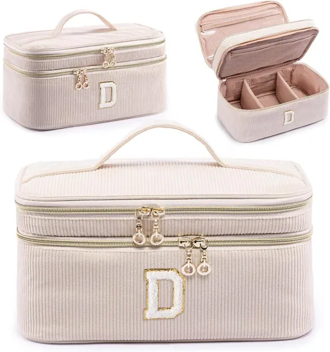 Miniatura 7 de AMOIGEE Organizador de Bolsa de Maquillaje con Inicial, Neceser Personalizado de Doble Capa, Bolsa de Aseo de Viaje para Brochas de Maquillaje