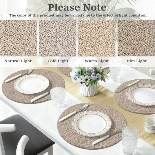 Miniatura 4 de Juego de 6 manteles individuales redondos, alfombrillas de mesa tejidas con cuerda de algodón, almohadillas calientes para cocina, antideslizantes