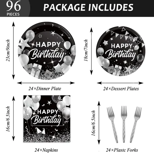 Miniatura 2 de 96 piezas de decoraciones de fiesta de feliz cumpleaños en negro, blanco y plateado, juego de vajilla de cumpleaños, confeti espolvoreado, platos
