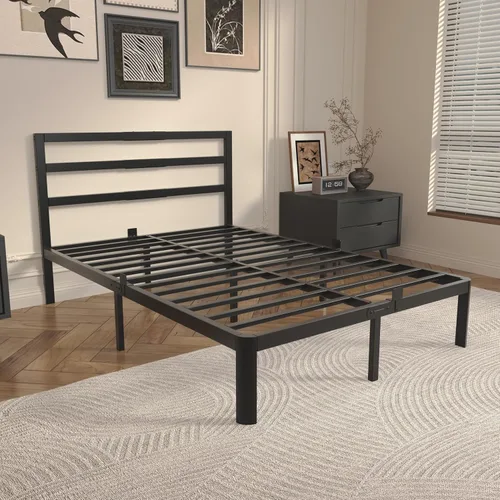 Base de cama matrimonial de 14 pulgadas con cabecero, marco de cama de metal negro, sin necesidad de somier, juntas antideslizantes, sin ruido,