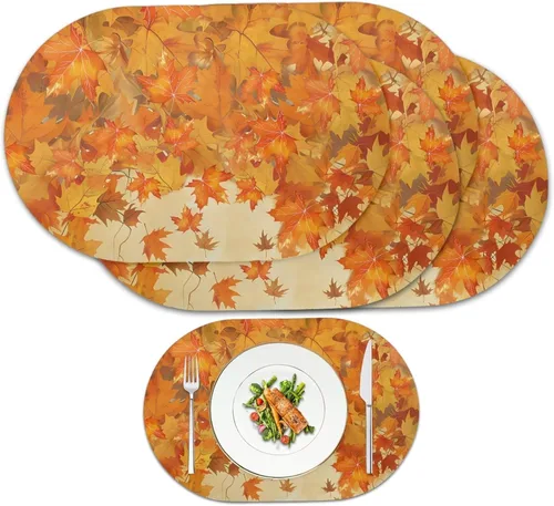 Miniatura 26 de Non Slip Placemats Set of 6 Pumpkin Mushroom Theme Waterproof Wipeable Faux Leather for Thanksgiving Family Feast Heat Resistant Dining Table Mats