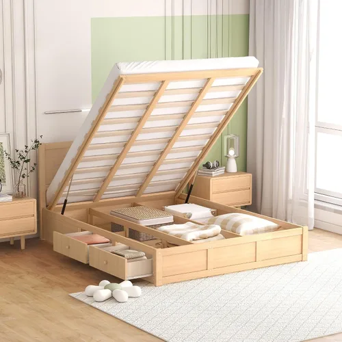 Miniatura 18 de RUNNA Elegante cama de plataforma de tamaño Queen con estantes extraíbles, cama de almacenamiento de madera con nido de tamaño individual