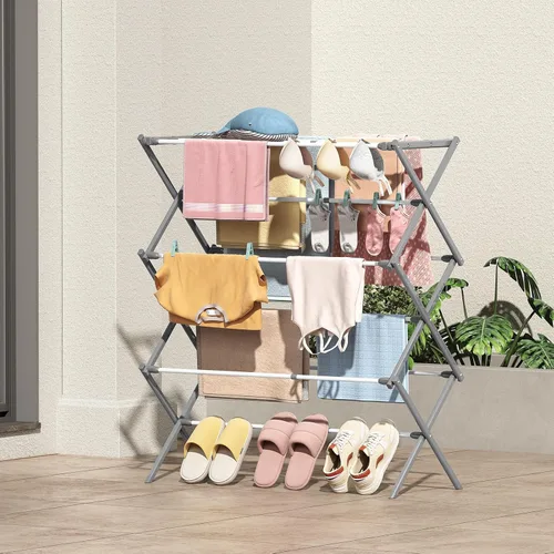 Miniatura 9 de KINGBOARD Tendedero de secado de ropa, plegable con 11 postes, estante de secado de ropa de 3 niveles, estante de secado de ropa pequeño plegable