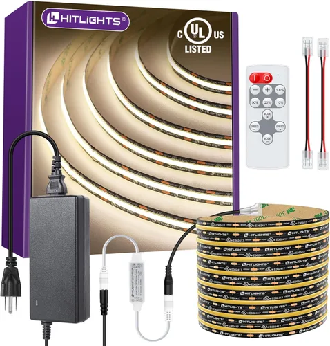Miniatura 11 de HitLights - Tira de luces LED COB de color blanco cálido de 3000 K, cinta de luz de alta densidad de 16.4 pies, 12 V, 2400 LED, 305+ lm/pie, CRI