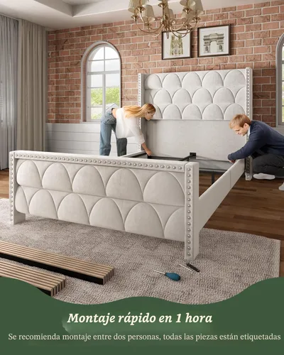 Miniatura 6 de OHOHOLIVE Marco de cama tamaño Queen con cabecero de 56 pulgadas, marco de cama tapizado de terciopelo con plataforma con respaldo de alas, sin Crema