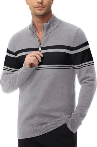 Miniatura 2 de MAGCOMSEN Suéteres de algodón con cremallera de 14 para hombre, suéter tipo polo, a rayas, para otoño e invierno, sudaderas cálidas