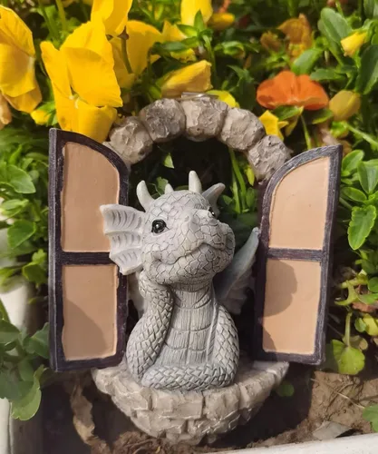 Miniatura 5 de SHOWFEICAT Adorno de jardín de dragón de resina, adorno para manualidades, estatua de hada, puerta, patio, arte al aire libre y jardín, luz solar