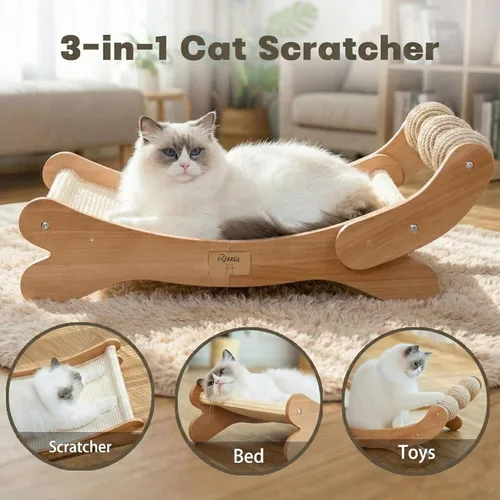 Miniatura 3 de Sisal - Cama rascador para gatos con 3 bolas de juguete para gatos de interior, hamaca 3 en 1 de madera duradera y almohadilla para rascar - muebles
