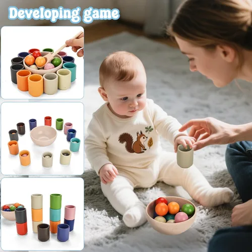 Miniatura 4 de Juguetes Montessori para niños de 1 a 3 años, juguete educativo de 3 en 1 de madera para habilidades motoras finas, juguete de clasificación