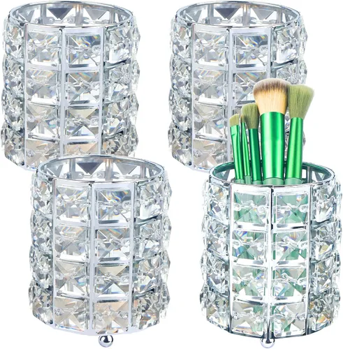 LUEXBOX 4 soportes para brochas de maquillaje de cristal, organizador de herramientas de maquillaje brillantes, contenedor redondo de almacenamiento