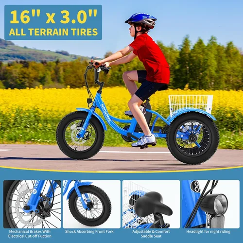 Miniatura 5 de NAIZEA Bicicleta eléctrica para niños, triciclo de 16 pulgadas para niños y niñas de 6 a 12 años, bicicleta eléctrica para niños de 250 W, bicicleta