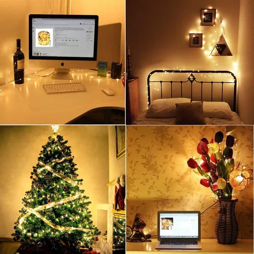 Miniatura 5 de RUICHEN Guirnalda de luces USB de 33 pies, 100 luces LED con interruptor de encendido/apagado (blanco cálido, paquete de 2)