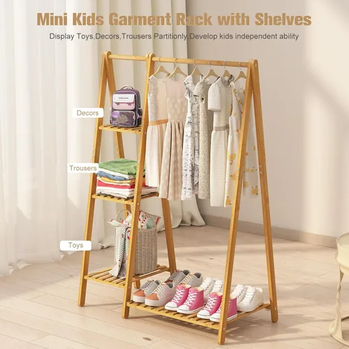 Miniatura 4 de Perchero pequeño de bambú, perchero de ropa para niños, mini perchero de madera con estantes, percheros cortos para disfraces para colgar paños