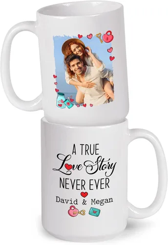 A True Love Story Never Ever Taza, regalos de boda, regalos de pareja con foto personalizada para él y ella, taza de café con imagen de pareja, taza