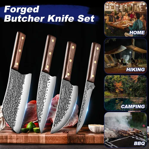 Miniatura 4 de Juego de Cuchillos de Carnicero, 4 PIEZAS Cuchillo de Chef Serbio Forjado a Mano de Alta Resistencia, Cuchillo de Carne, Cuchillo de Deshuesado