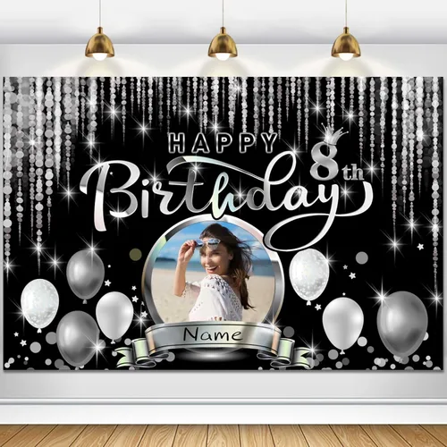 Miniatura 68 de Cartel de decoración de feliz cumpleaños número 100 personalizado - Personalización disponible - Negro y plateado - Tamaño grande - Admite fotos