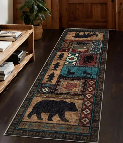 Alfombra de pasillo de 2 x 6 pulgadas para interior - Alfombra de entrada rústica de cabaña con diseño de oso, antideslizante, de pelo bajo, con