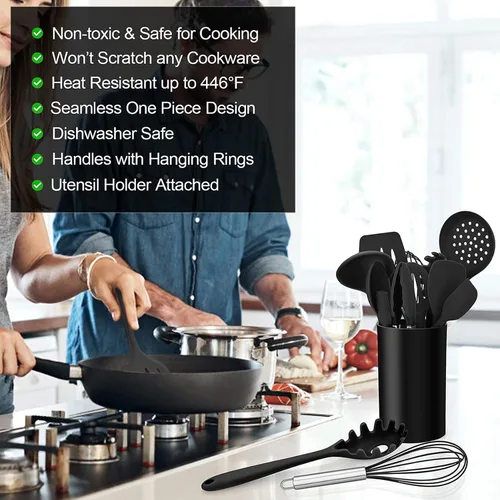 Miniatura 3 de LIANYU Juego de utensilios de cocina de silicona negra de 12 piezas con soporte, herramientas de cocina que incluyen espátula ranurada, cuchara