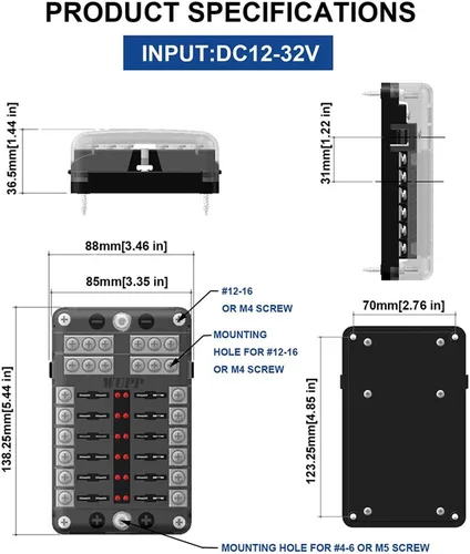 Miniatura 6 de WUPP Panel de bloques de fusibles marinos para barco con indicador de advertencia LED, cubierta a prueba de humedad, 12 circuitos con soporte