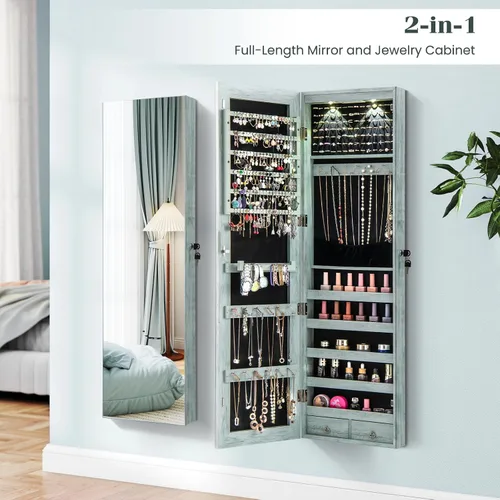 Miniatura 35 de Giantex Armario de joyería para puerta de pared con espejo de longitud completa, 2 LED con cerradura grande organizador de joyas con espejo ancho