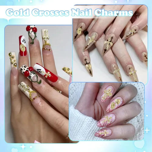 Miniatura 7 de 110 dijes de uñas de cruz dorada, dijes de gemas de uñas de cruces doradas, 11 estilos Y2K de aleación de cruz dorada brillante para suministros
