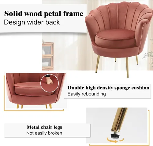 Miniatura 5 de DAGONHIL Silla decorativa tapizada moderna de mediados de siglo, silla de tocador de pétalos, sofá individual de terciopelo retro con patas de metal